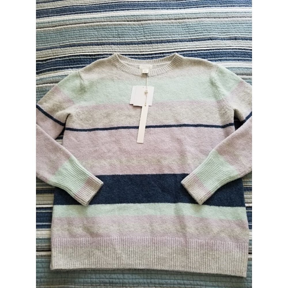 CASLON Crewneck Long Sleeve Sweater in Gray Blue Evie Stripe Womens Size XS